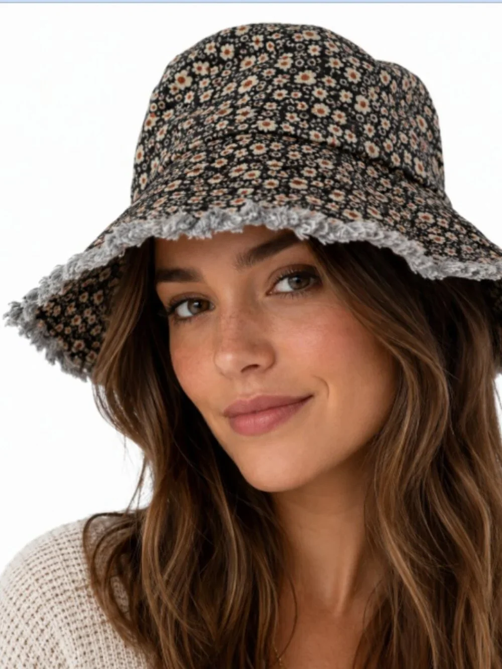 Natural Life Floral Frayed Bucket Hat Black Daisy Print Cottagecore Boho